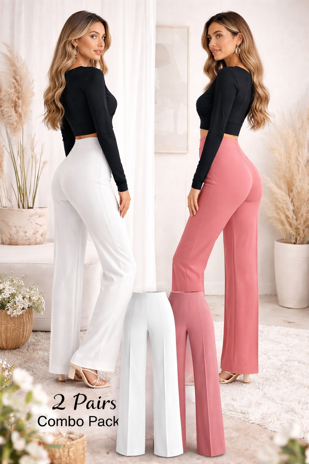 Elegant High-Waisted Wide Leg Trousers for Women – 2-Piece Combo Pack (White & Pink)