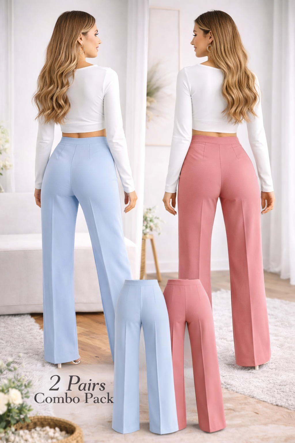Women High-Waist Straight Fit Trousers (2 Pair Combo Pack)