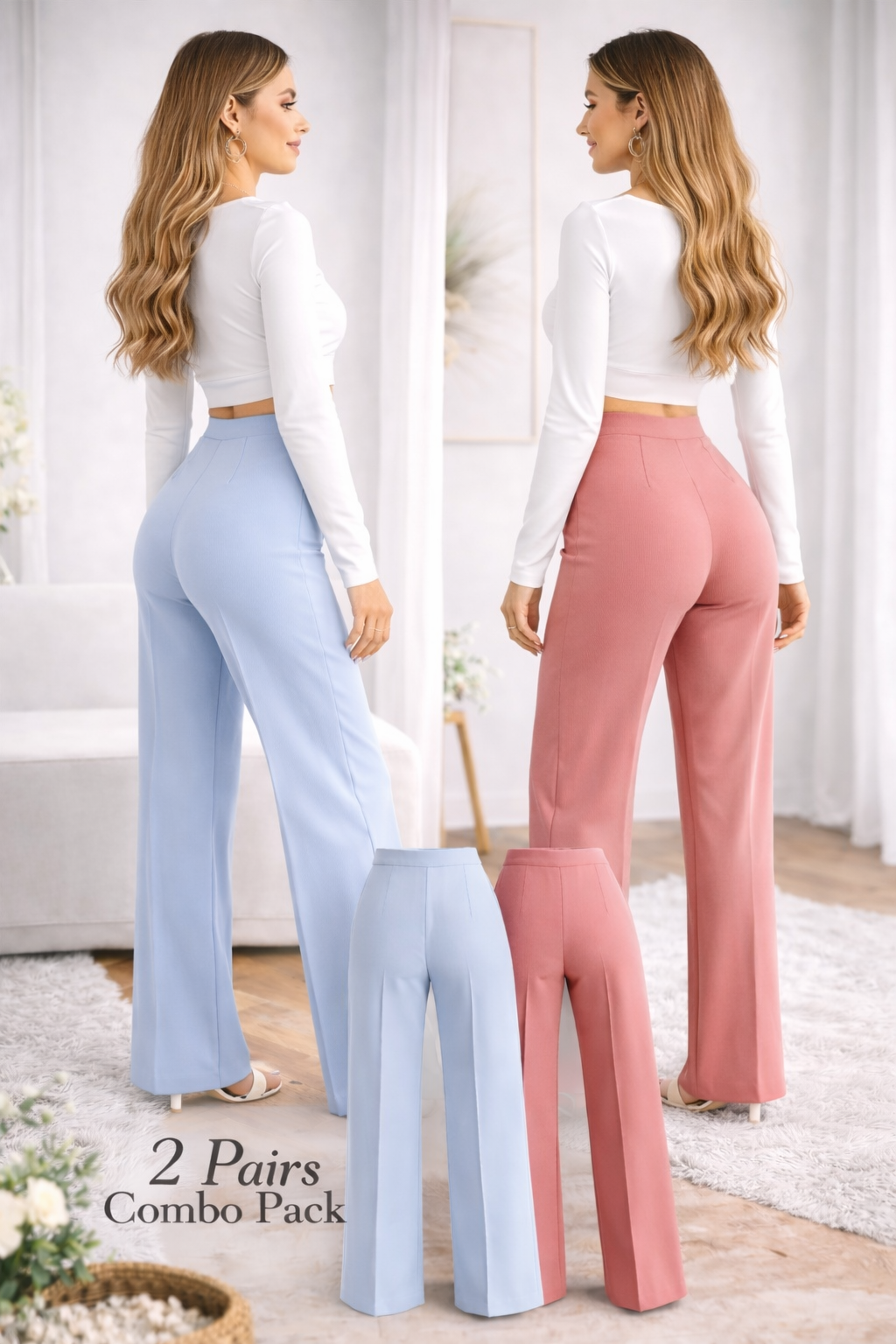 Women High-Waist Straight Fit Trousers (2 Pair Combo Pack)