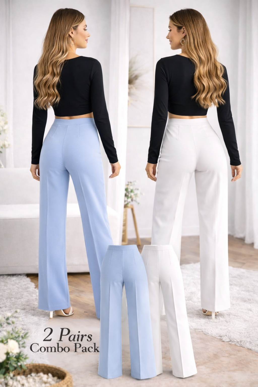Women High-Waist Straight Fit Trousers (2 Pair Combo – Blue & White)