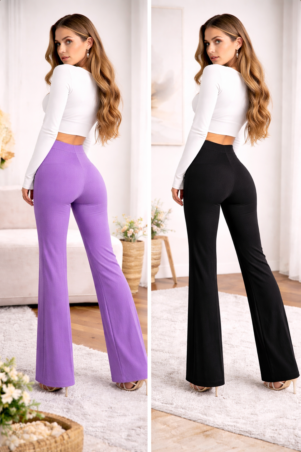 Women High-Waist Straight Fit Trousers (2 Pair Combo – Purple & Black)