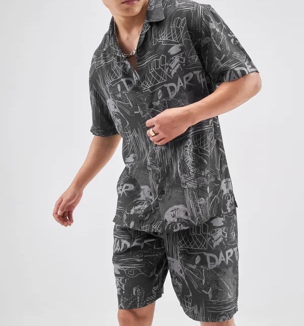 Men’s Black Graphic Printed Cord Set – Edgy Streetwear Co-ord Shirt & Shorts