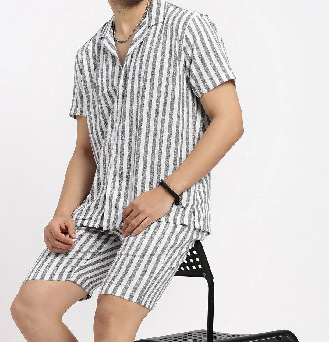 Men’s Classic Stripe Co-ord Set – White & Grey Short Sleeve Shirt & Shorts