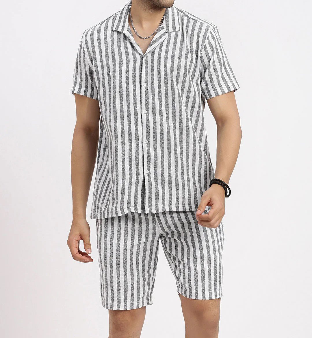 Men’s Classic Stripe Co-ord Set – White & Grey Short Sleeve Shirt & Shorts