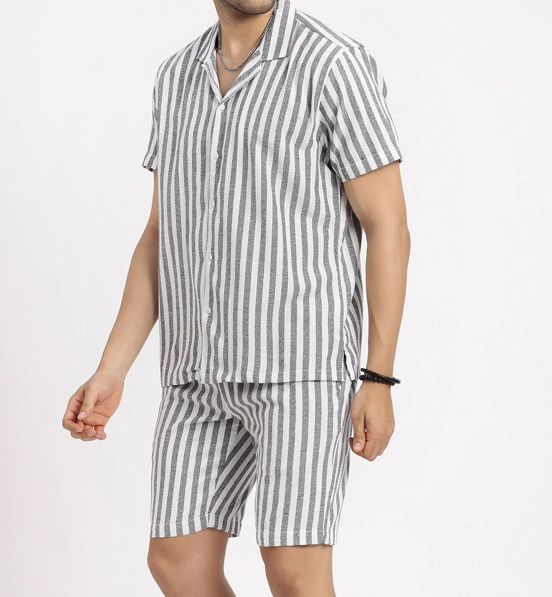 Men’s Classic Stripe Co-ord Set – White & Grey Short Sleeve Shirt & Shorts