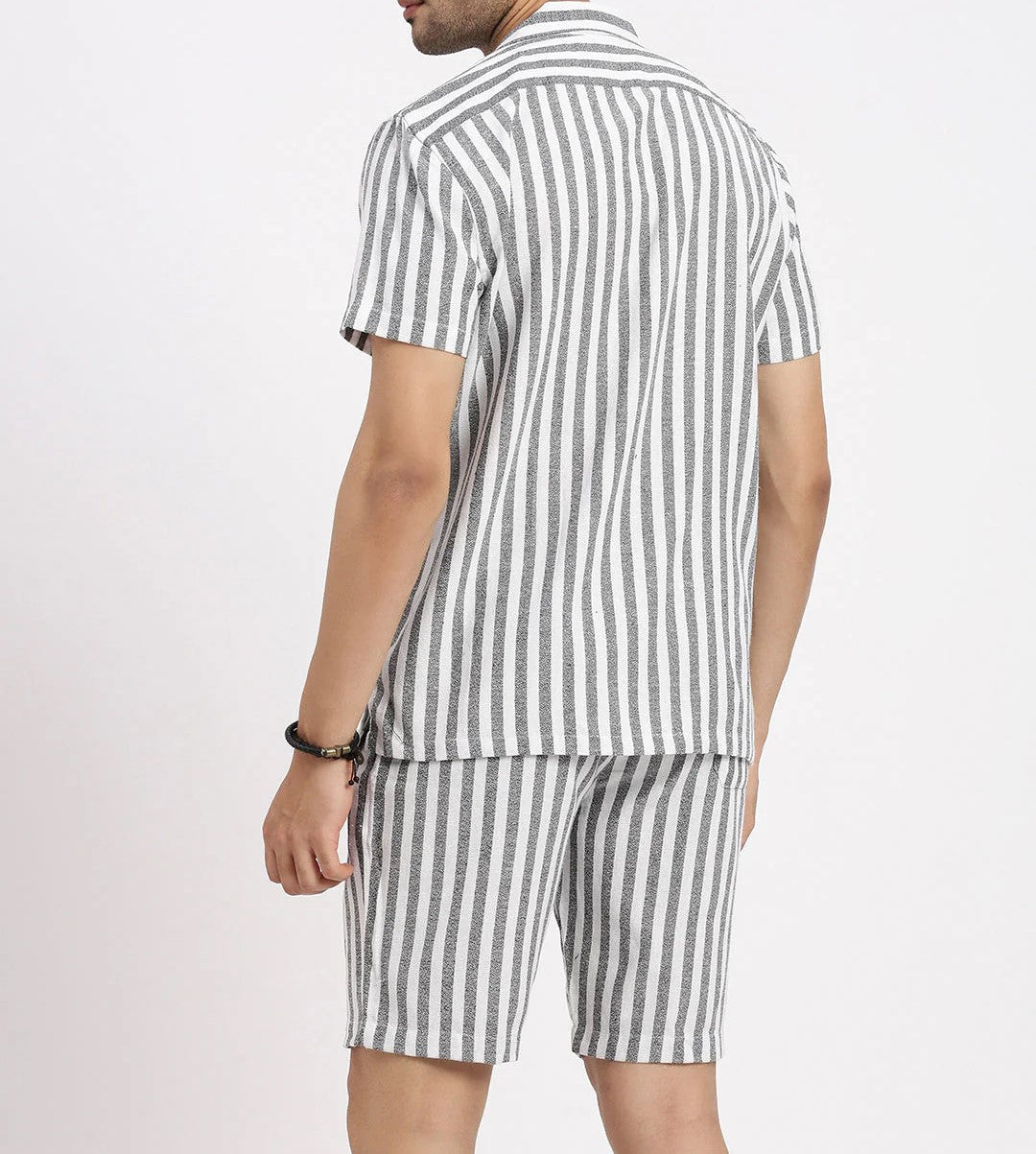 Men’s Classic Stripe Co-ord Set – White & Grey Short Sleeve Shirt & Shorts