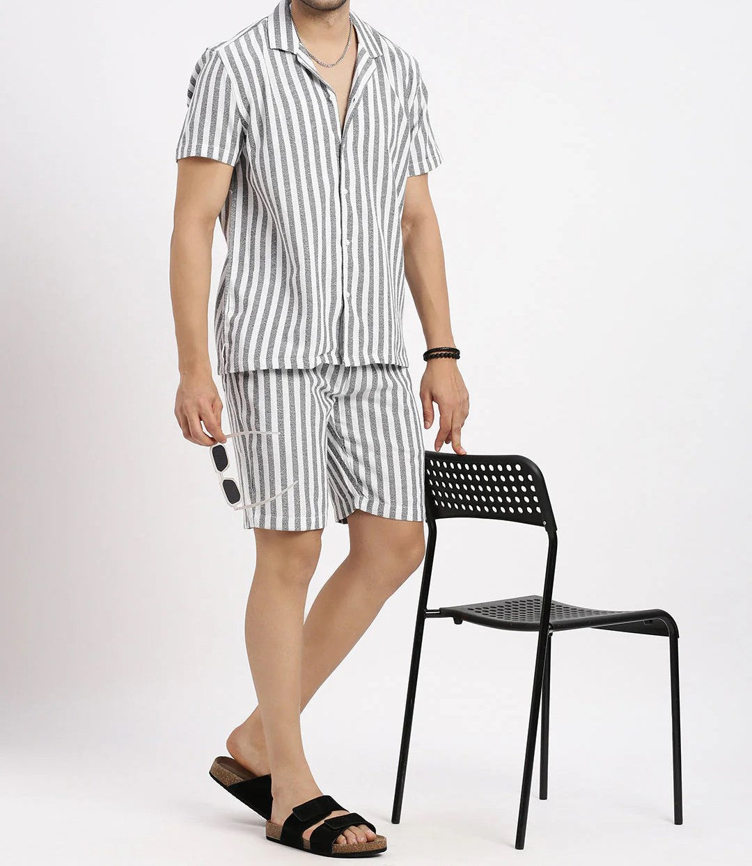 Men’s Classic Stripe Co-ord Set – White & Grey Short Sleeve Shirt & Shorts