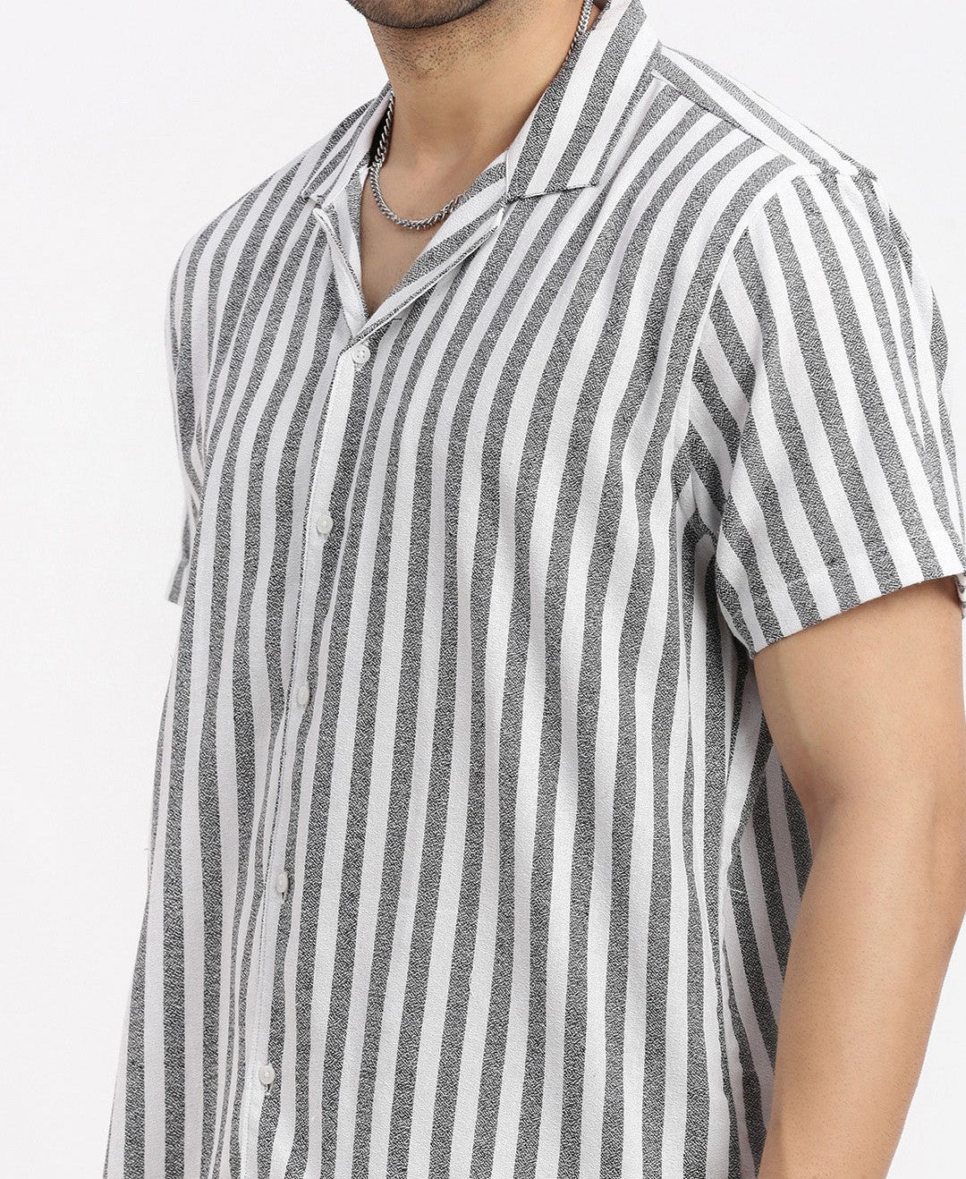 Men’s Classic Stripe Co-ord Set – White & Grey Short Sleeve Shirt & Shorts