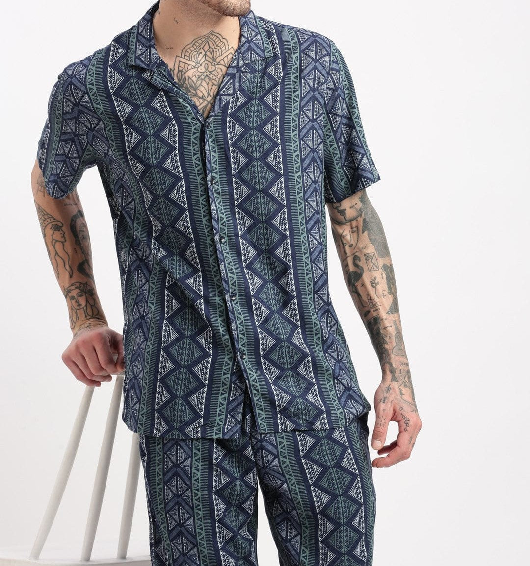 Men’s Tribal Stripe Co-ord Set – Navy Blue Short Sleeve Shirt & Shorts