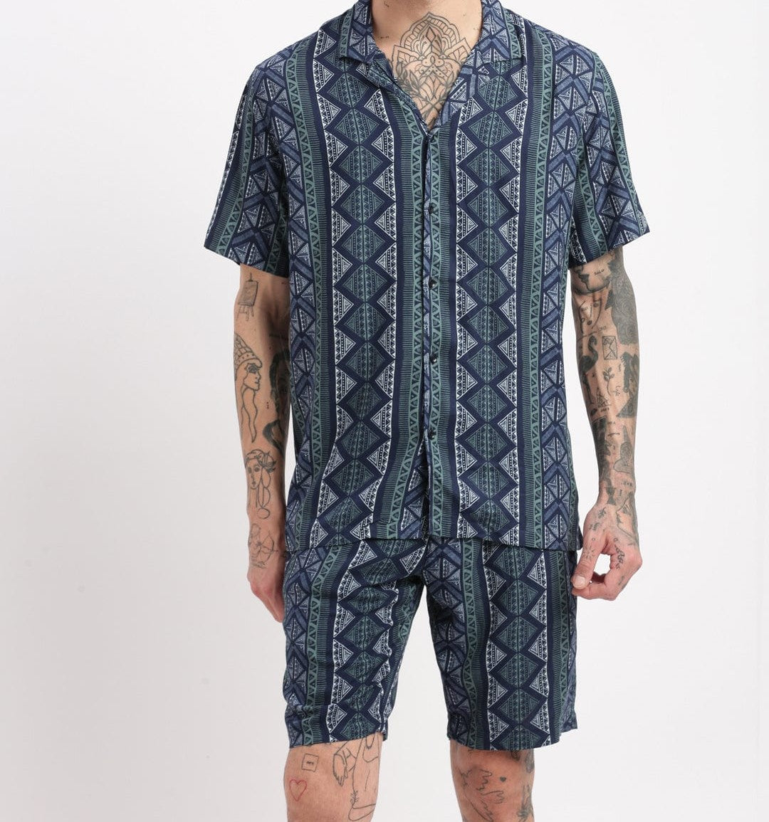 Men’s Tribal Stripe Co-ord Set – Navy Blue Short Sleeve Shirt & Shorts