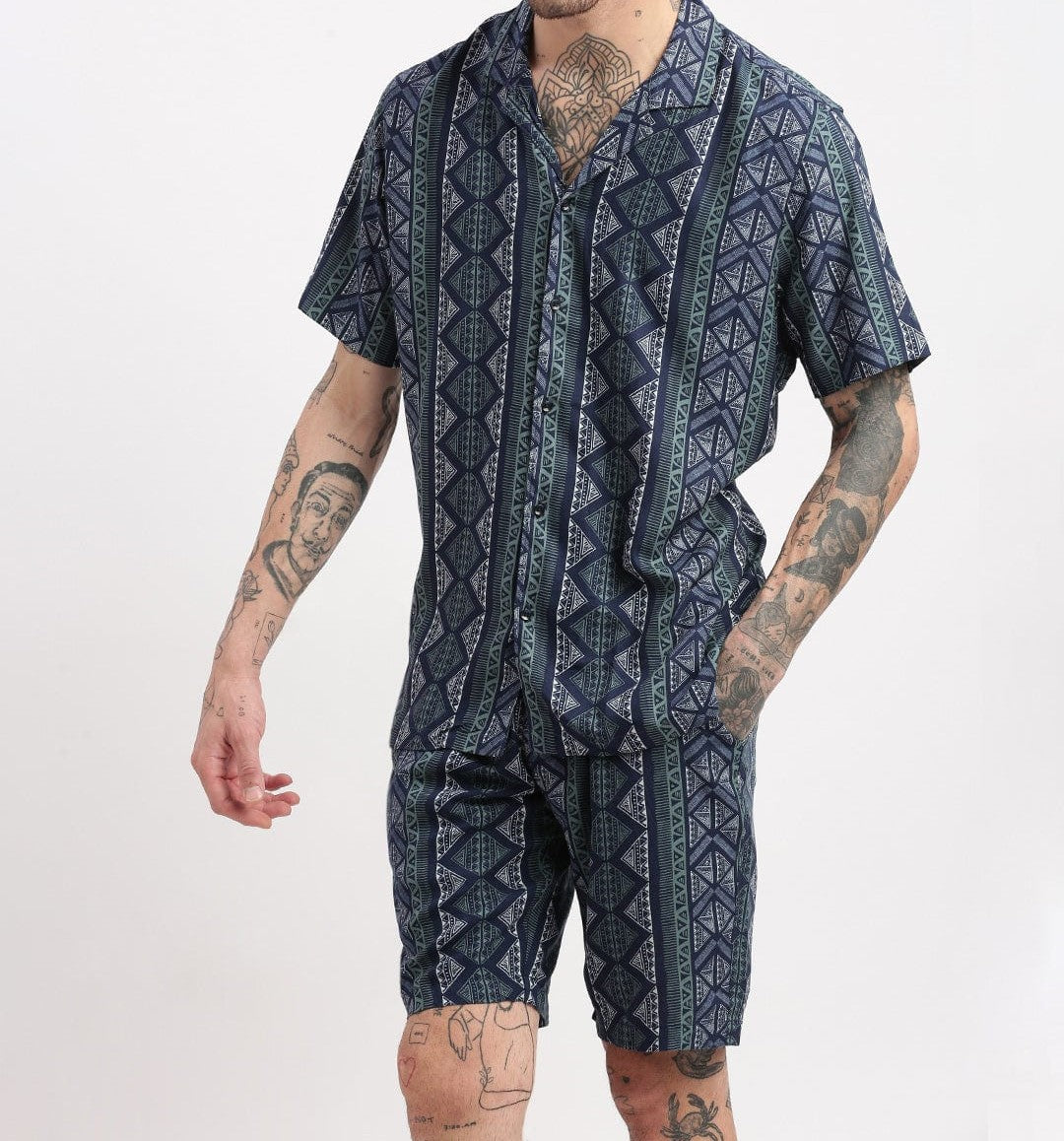 Men’s Tribal Stripe Co-ord Set – Navy Blue Short Sleeve Shirt & Shorts
