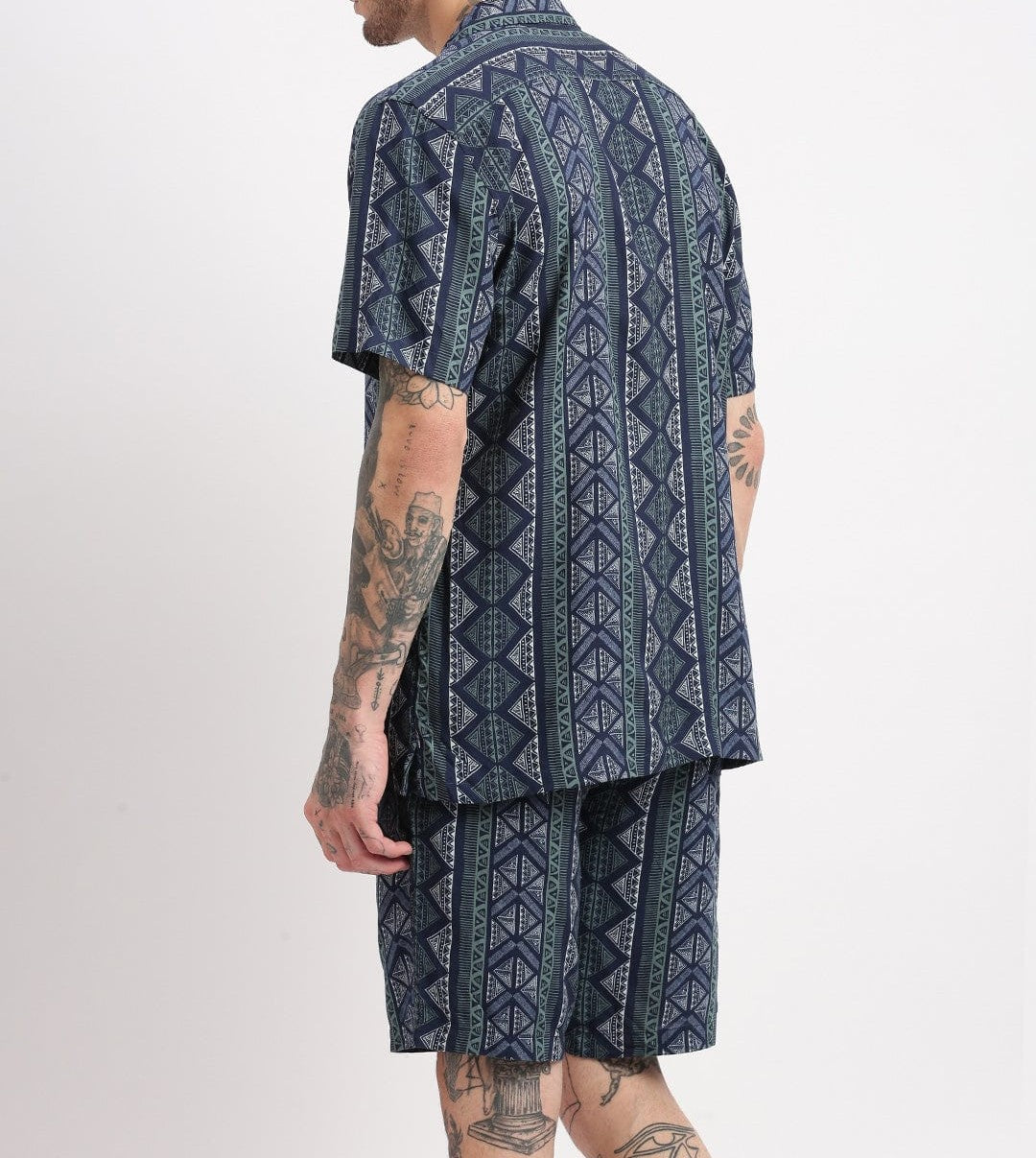 Men’s Tribal Stripe Co-ord Set – Navy Blue Short Sleeve Shirt & Shorts