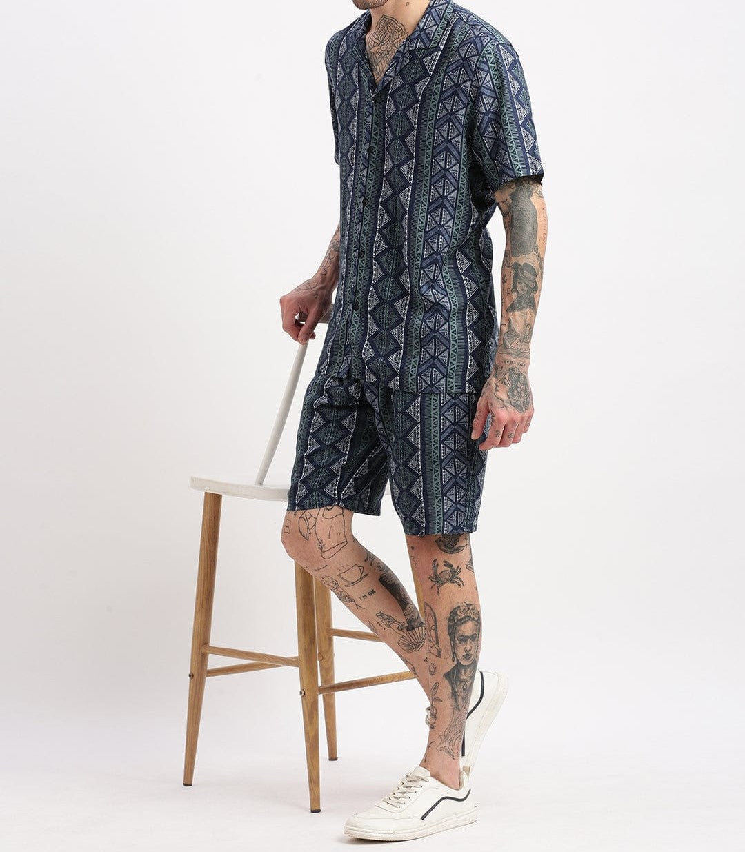 Men’s Tribal Stripe Co-ord Set – Navy Blue Short Sleeve Shirt & Shorts