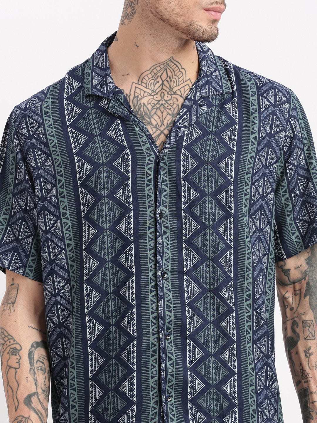 Men’s Tribal Stripe Co-ord Set – Navy Blue Short Sleeve Shirt & Shorts
