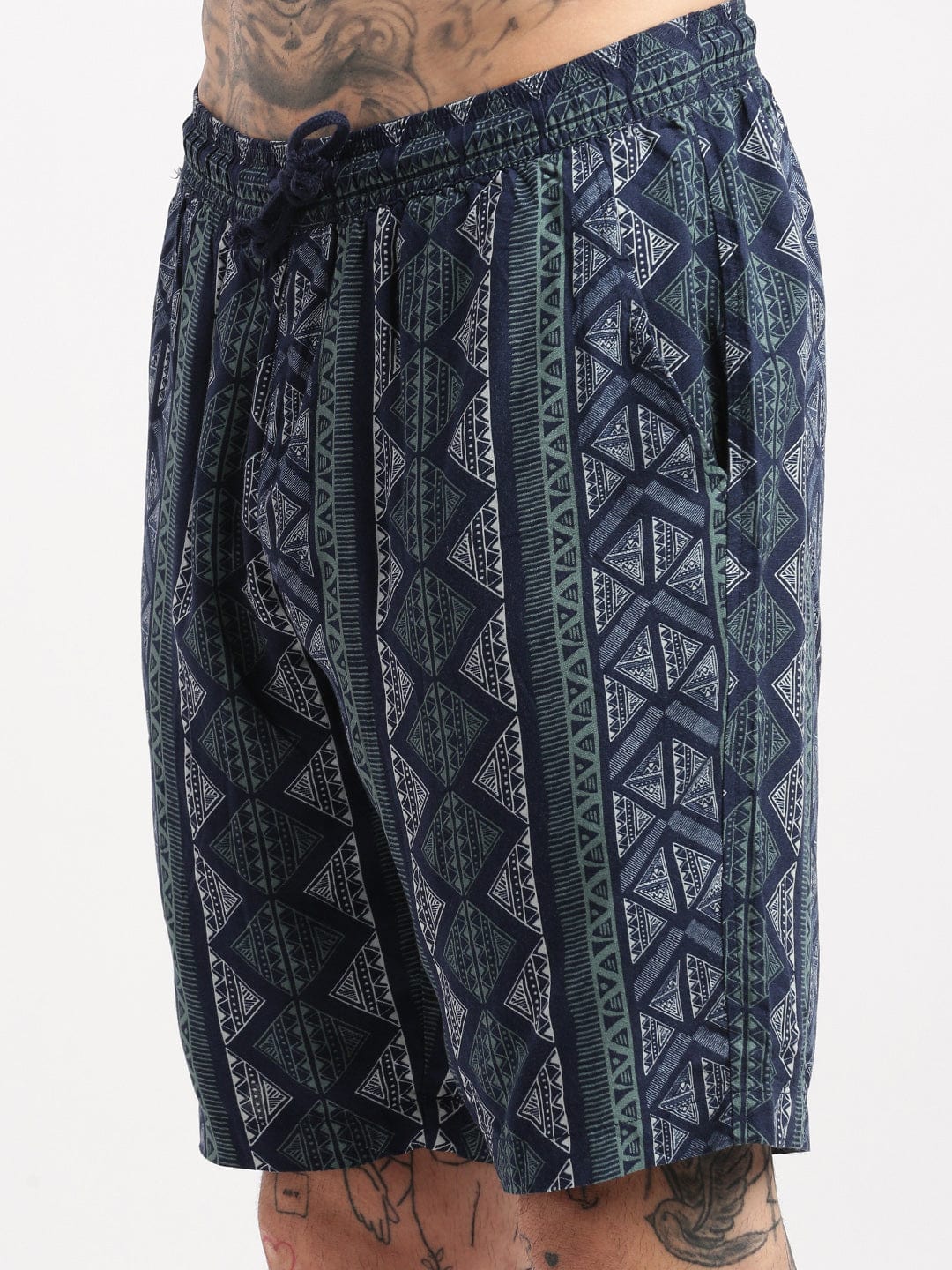 Men’s Tribal Stripe Co-ord Set – Navy Blue Short Sleeve Shirt & Shorts