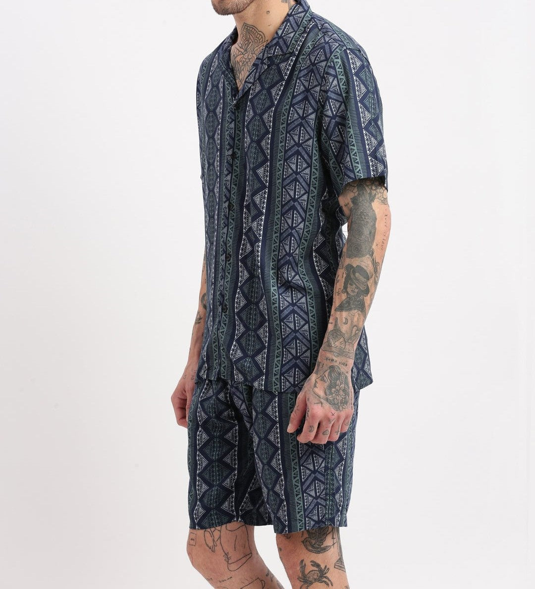 Men’s Tribal Stripe Co-ord Set – Navy Blue Short Sleeve Shirt & Shorts