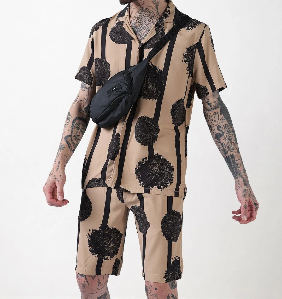 Men’s Abstract Paint Co-ord Set – Beige & Black Statement Shirt & Shorts