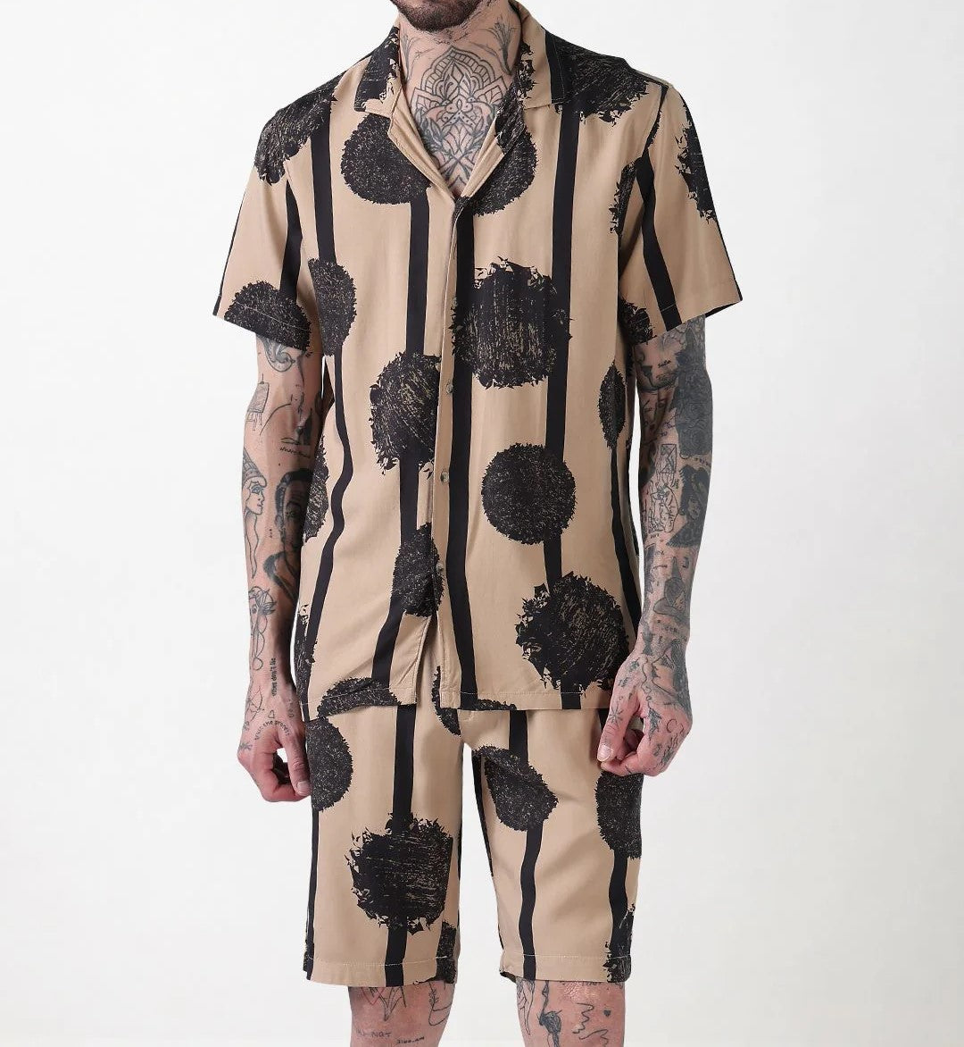 Men’s Abstract Paint Co-ord Set – Beige & Black Statement Shirt & Shorts