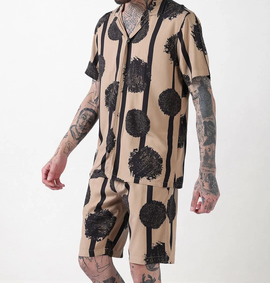 Men’s Abstract Paint Co-ord Set – Beige & Black Statement Shirt & Shorts