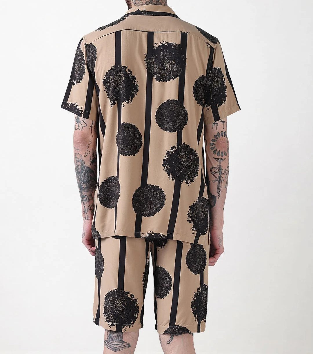 Men’s Abstract Paint Co-ord Set – Beige & Black Statement Shirt & Shorts