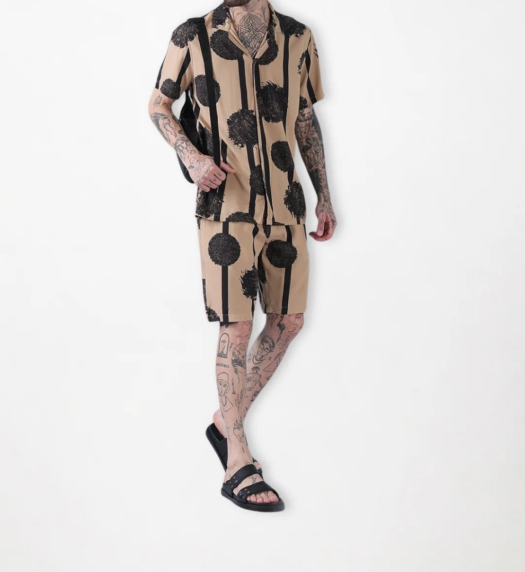 Men’s Abstract Paint Co-ord Set – Beige & Black Statement Shirt & Shorts