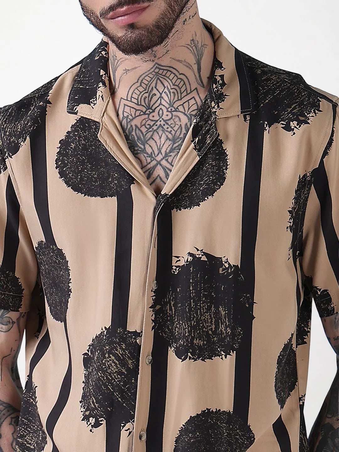 Men’s Abstract Paint Co-ord Set – Beige & Black Statement Shirt & Shorts