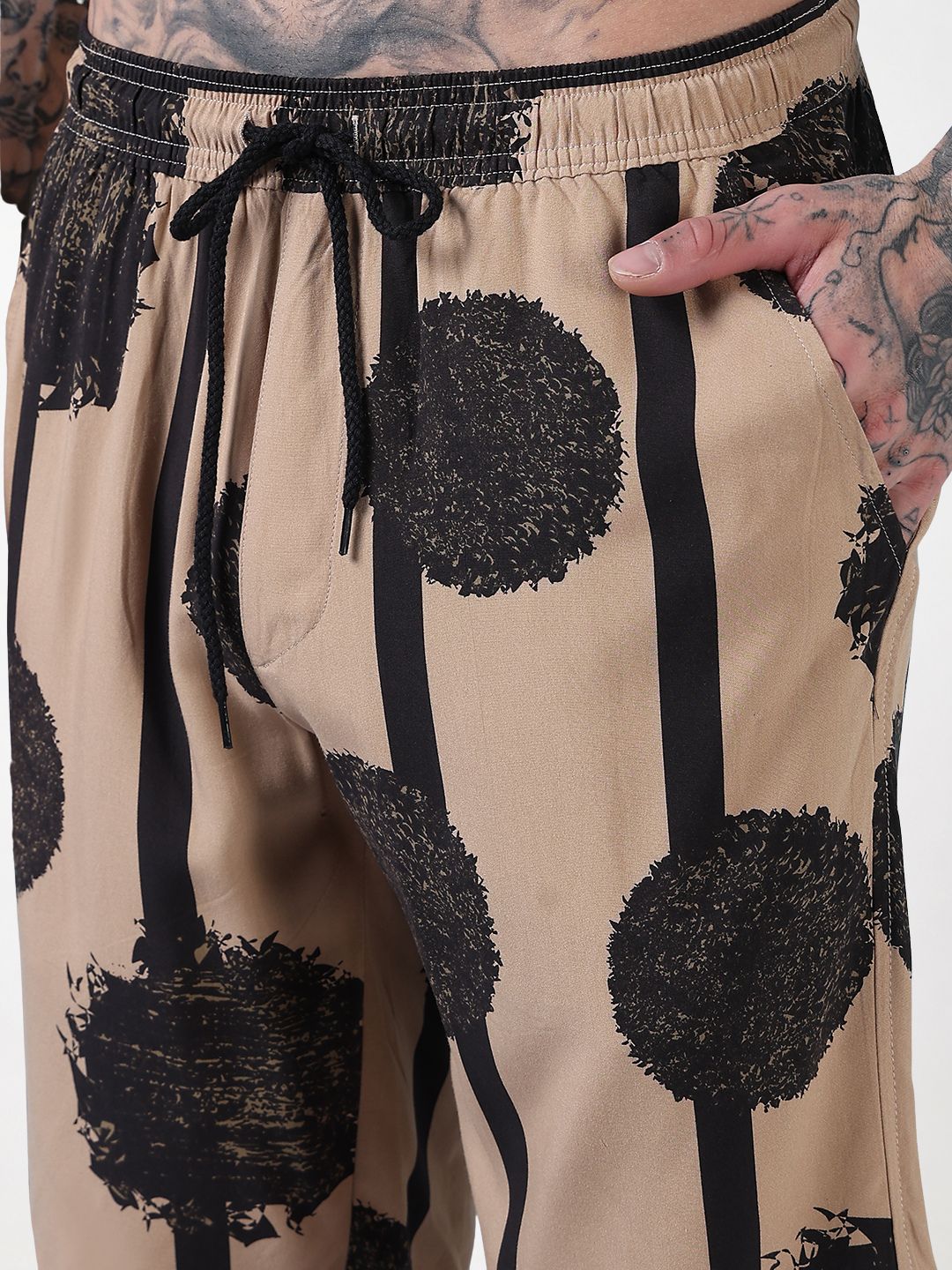 Men’s Abstract Paint Co-ord Set – Beige & Black Statement Shirt & Shorts