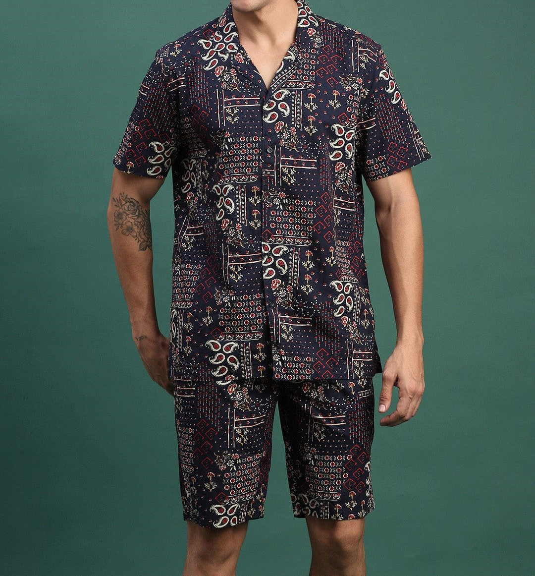 Men’s Boho Print Co-ord Set – Navy Short Sleeve Shirt & Shorts