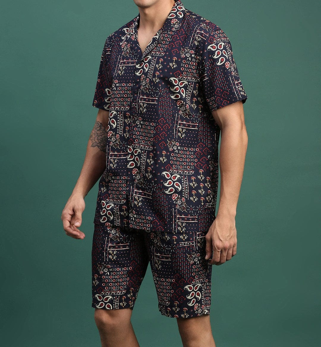 Men’s Boho Print Co-ord Set – Navy Short Sleeve Shirt & Shorts