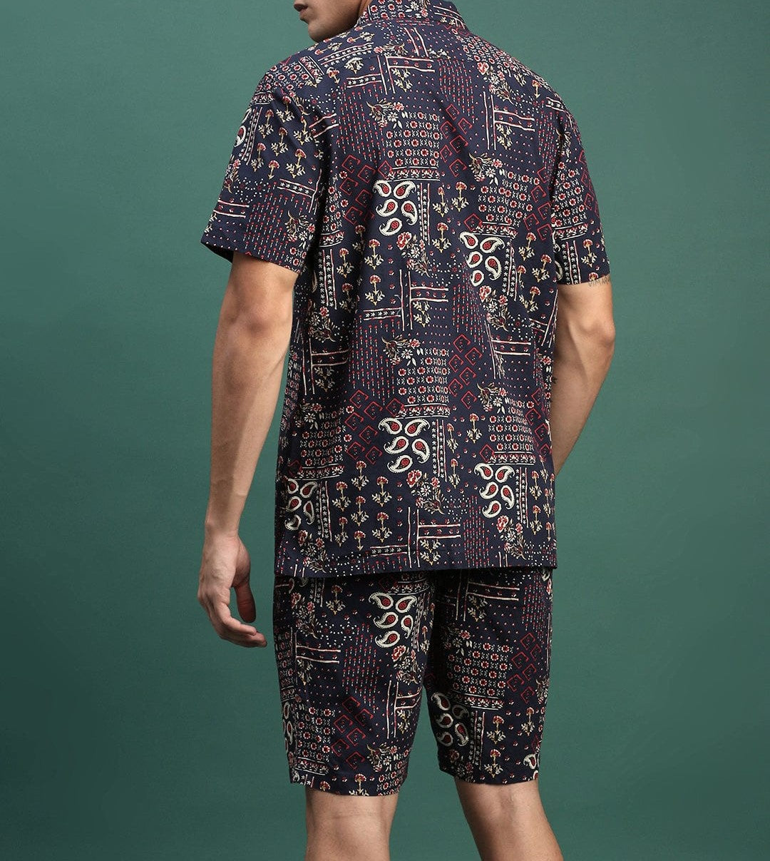 Men’s Boho Print Co-ord Set – Navy Short Sleeve Shirt & Shorts