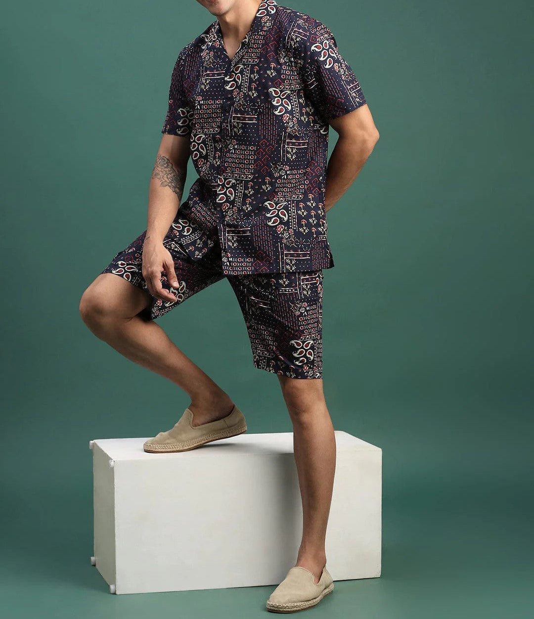 Men’s Boho Print Co-ord Set – Navy Short Sleeve Shirt & Shorts