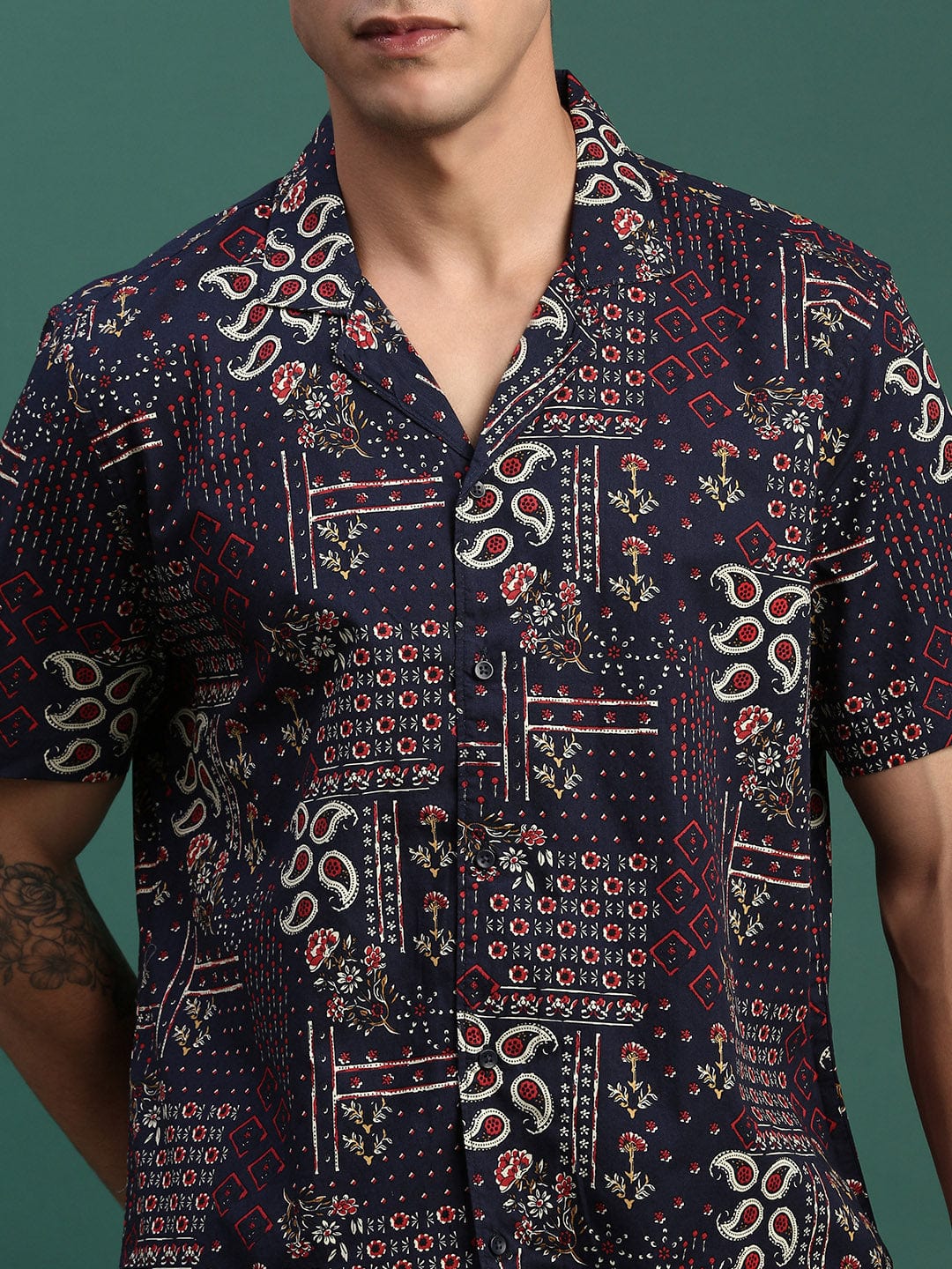 Men’s Boho Print Co-ord Set – Navy Short Sleeve Shirt & Shorts