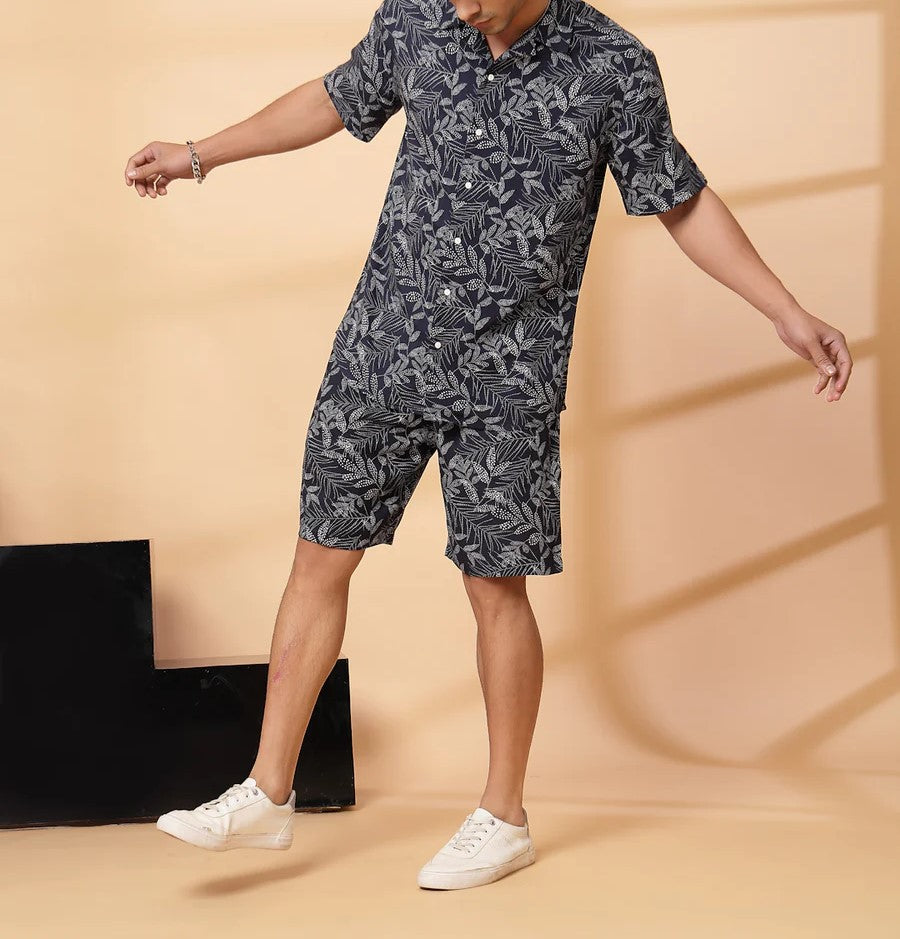 Men’s Monochrome Leaf Print Co-ord Set – Short Sleeve Shirt & Shorts (Black/Grey)