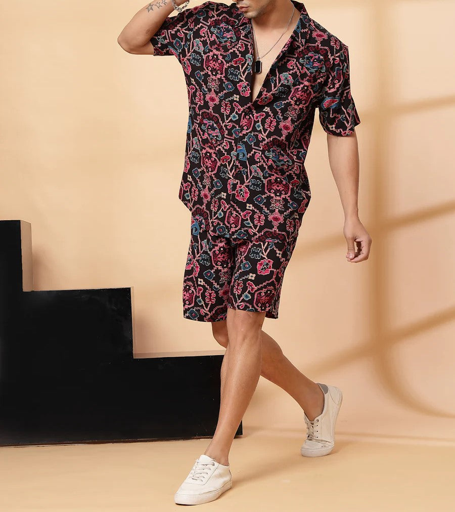 Men’s Tribal Floral Print Co-ord Set – Short Sleeve Shirt & Shorts (Black/Multi)