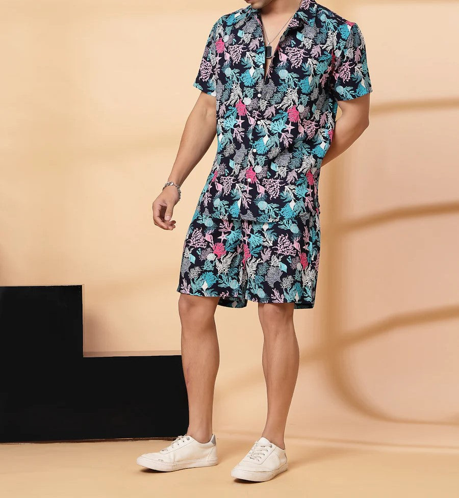 Men’s Tropical Coral Print Co-ord Set – Short Sleeve Shirt & Shorts (Black/Multi)