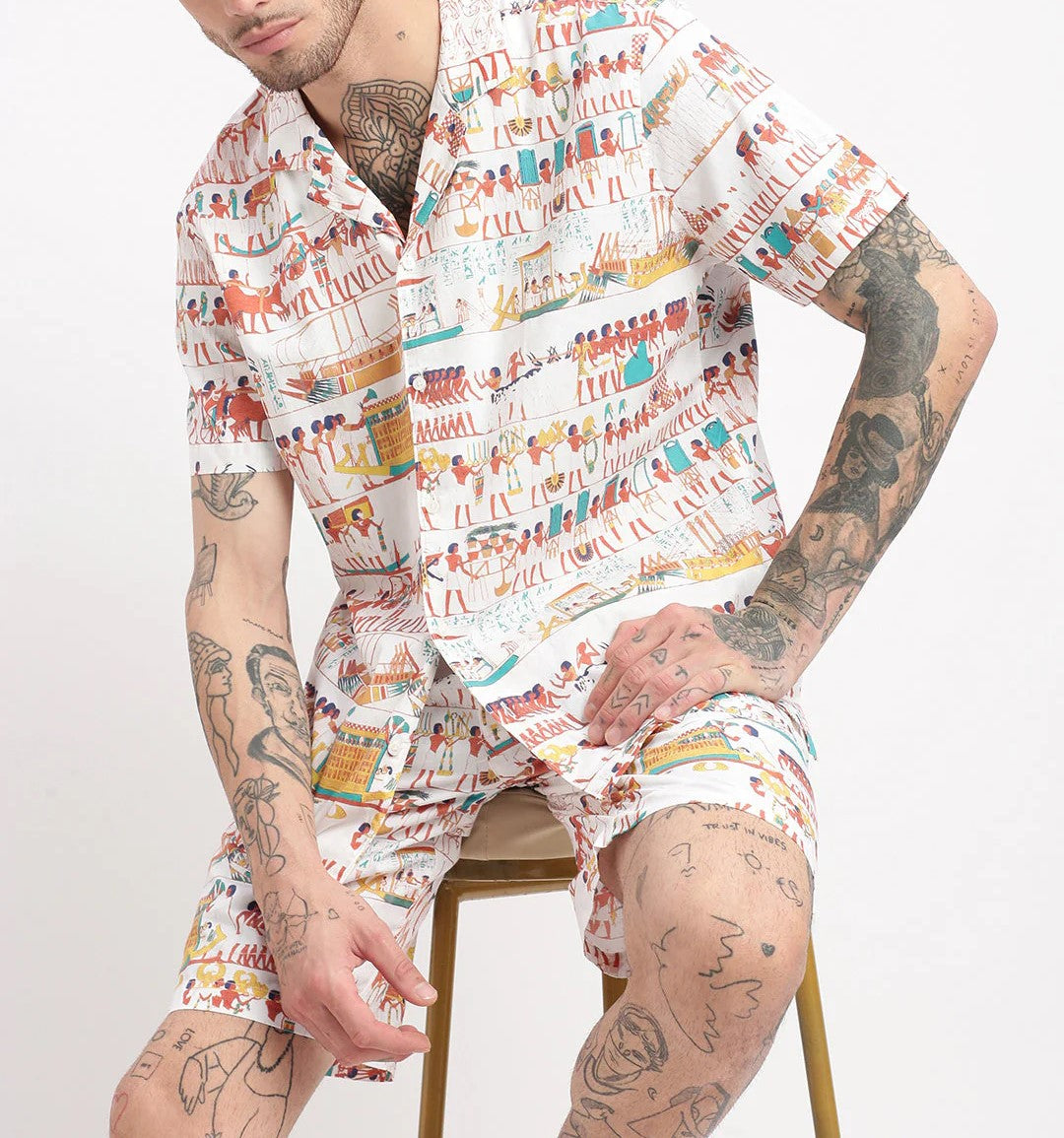 Men’s Egyptian Print Co-ord Set – Off-White Short Sleeve Shirt & Shorts