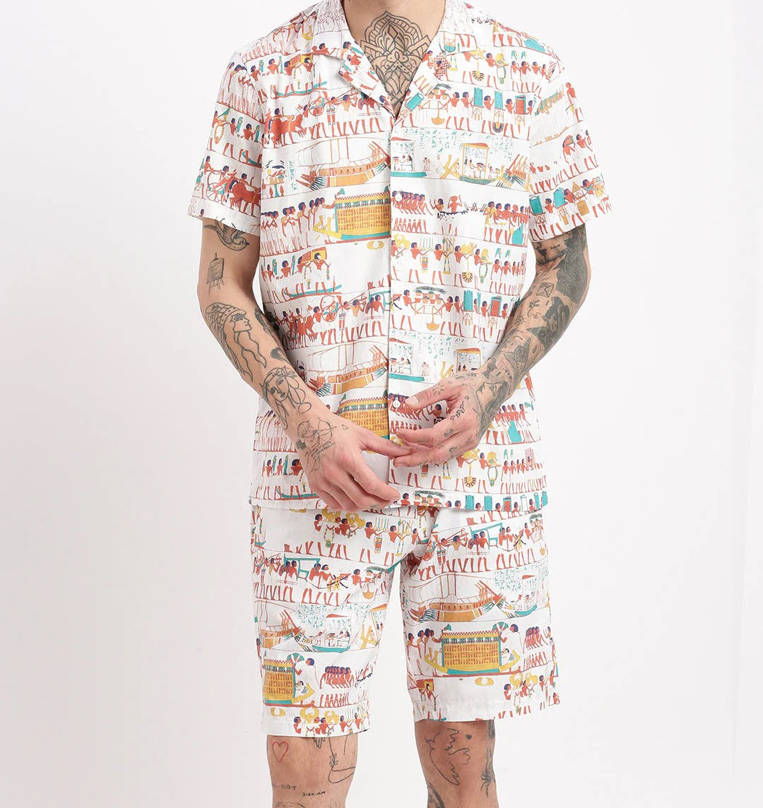Men’s Egyptian Print Co-ord Set – Off-White Short Sleeve Shirt & Shorts