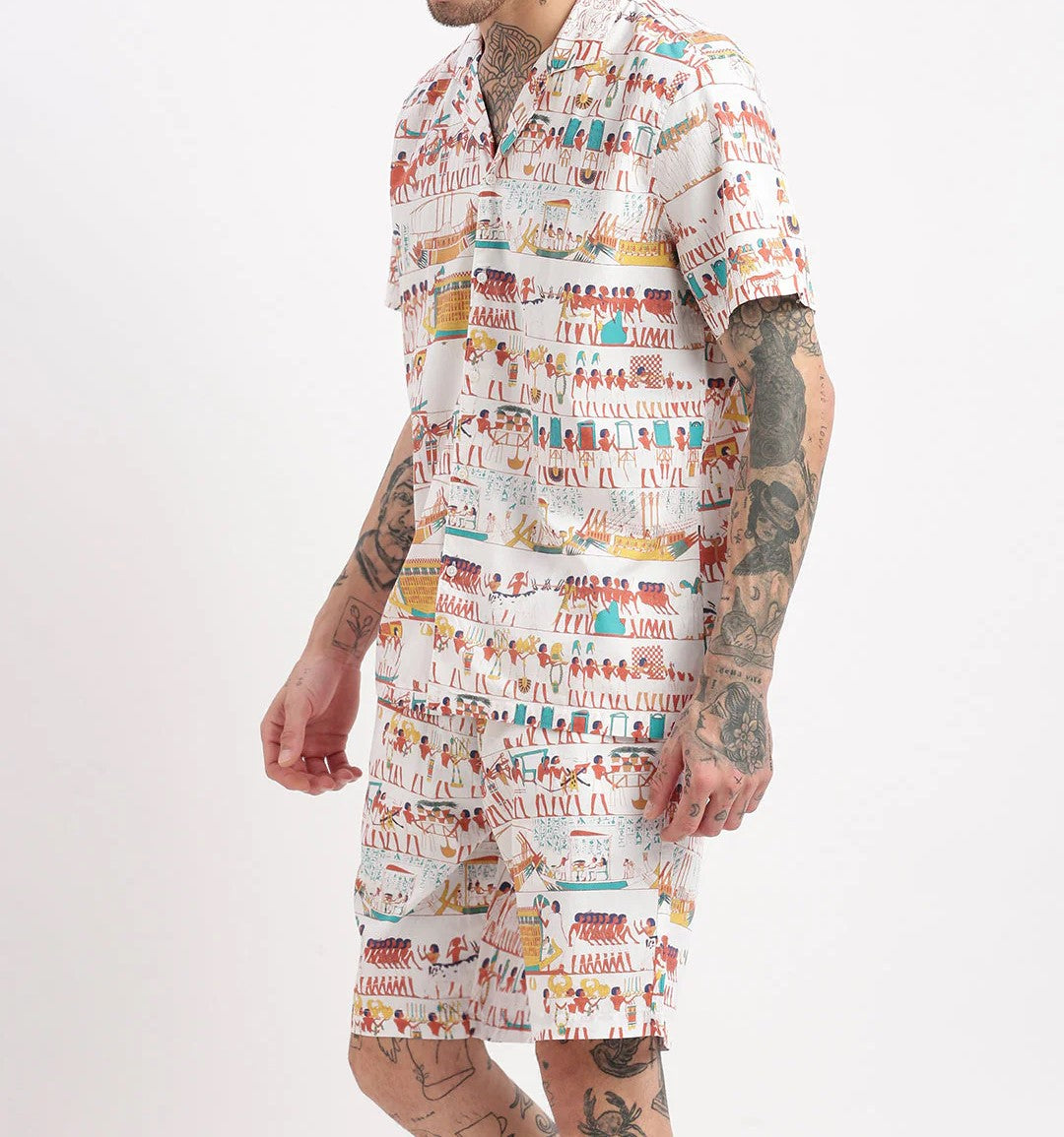Men’s Egyptian Print Co-ord Set – Off-White Short Sleeve Shirt & Shorts