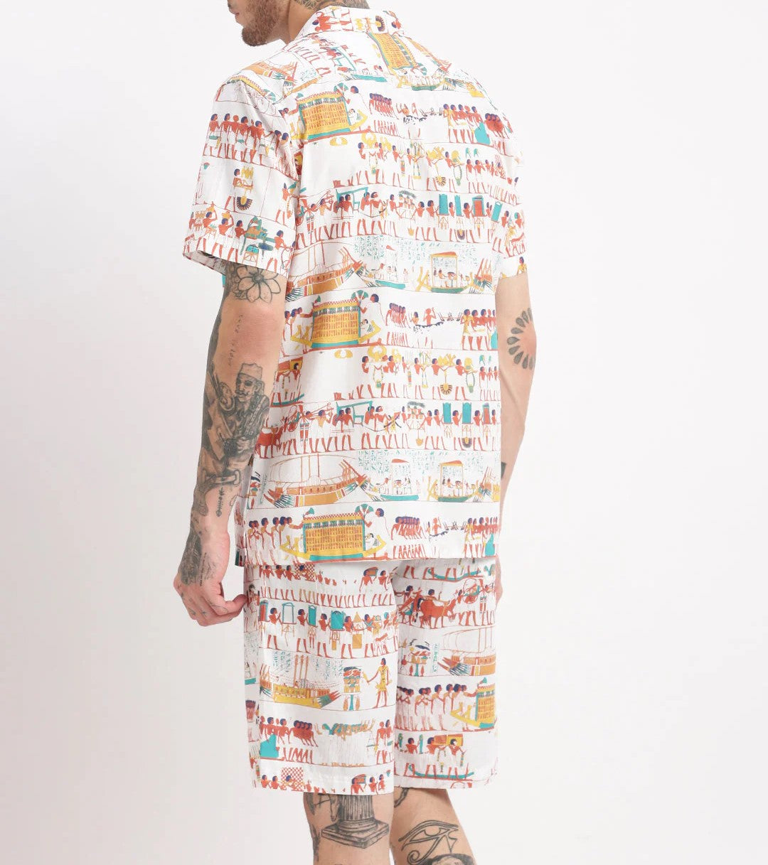 Men’s Egyptian Print Co-ord Set – Off-White Short Sleeve Shirt & Shorts