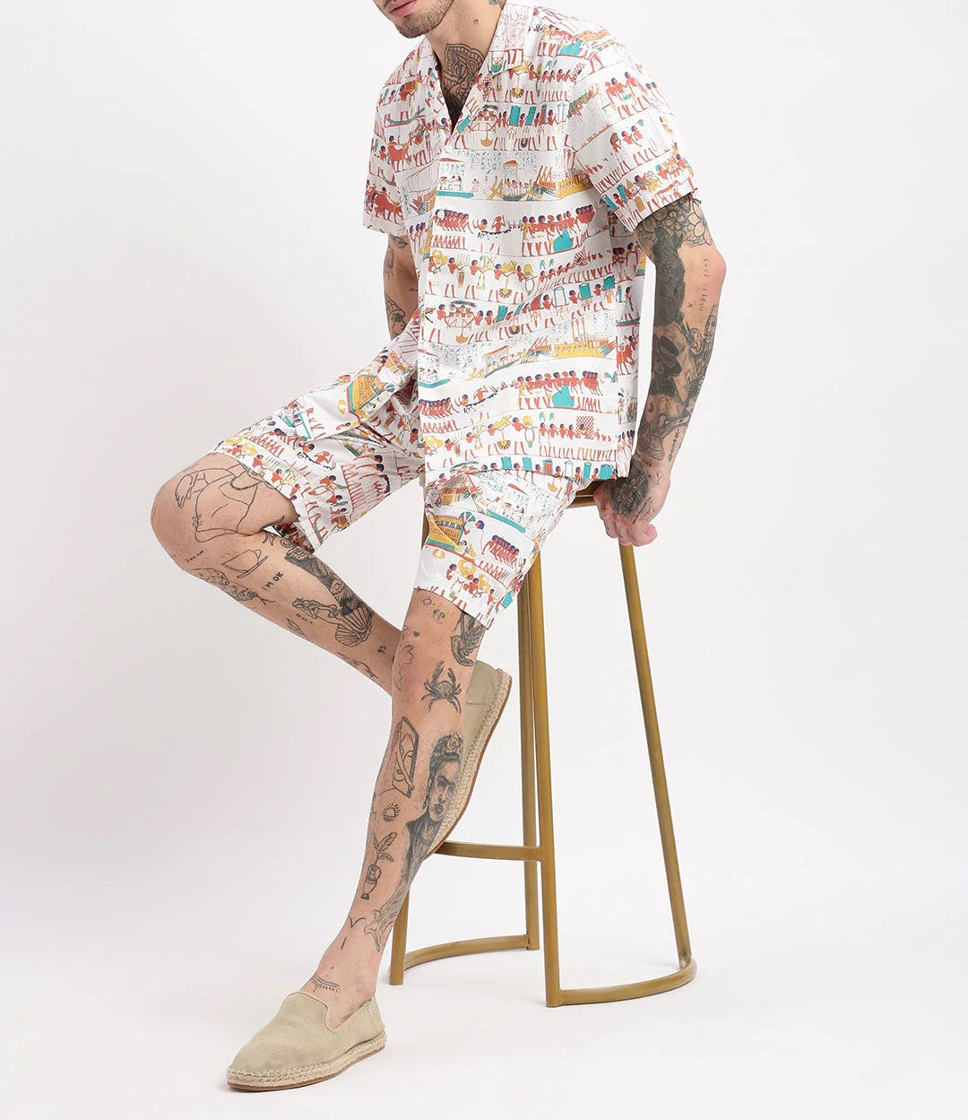 Men’s Egyptian Print Co-ord Set – Off-White Short Sleeve Shirt & Shorts
