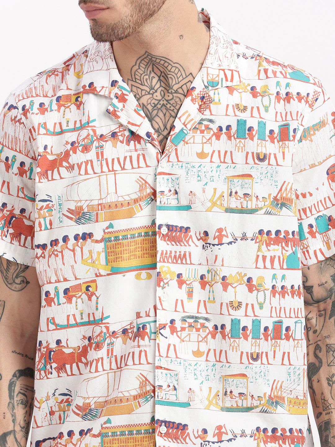 Men’s Egyptian Print Co-ord Set – Off-White Short Sleeve Shirt & Shorts