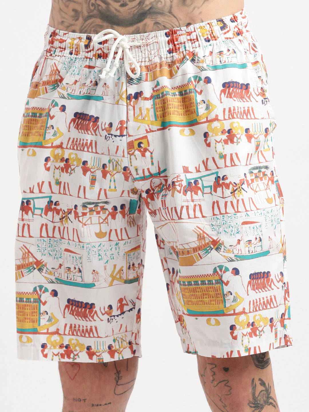 Men’s Egyptian Print Co-ord Set – Off-White Short Sleeve Shirt & Shorts