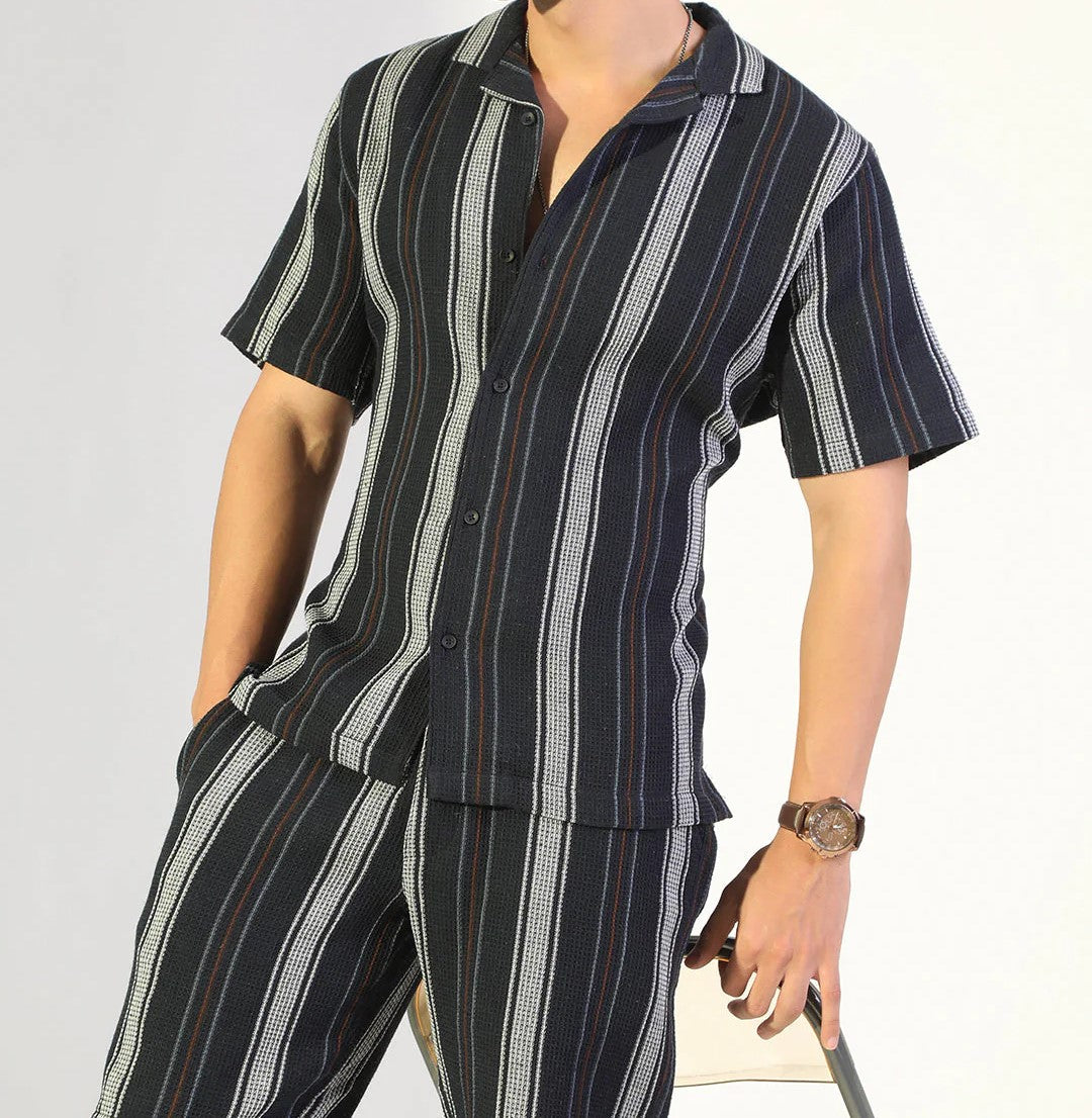 Men’s Navy Stripe Co-ord Set – Short Sleeve Shirt & Shorts