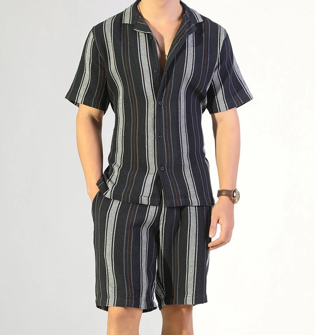 Men’s Navy Stripe Co-ord Set – Short Sleeve Shirt & Shorts