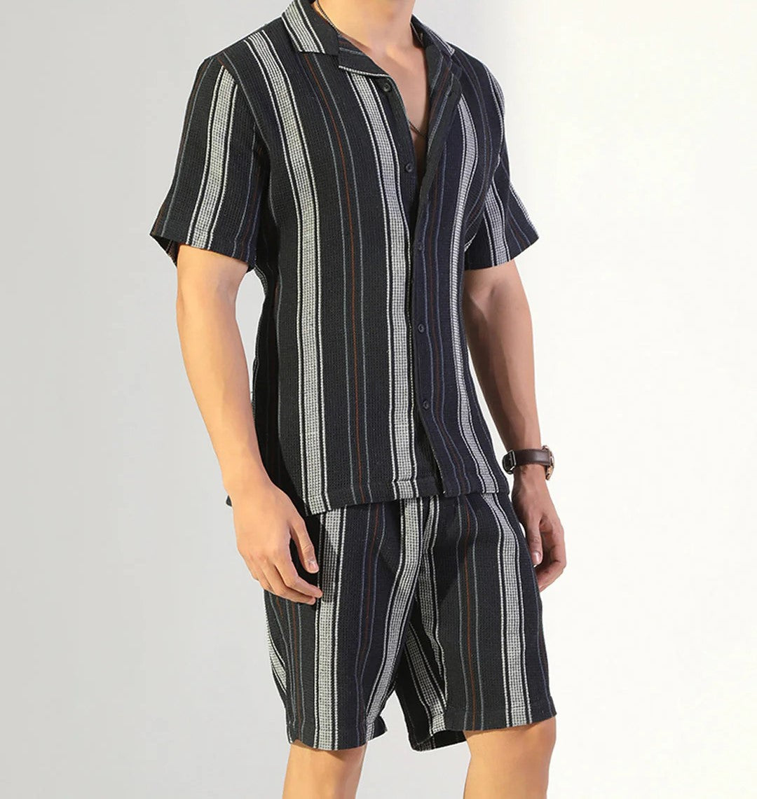 Men’s Navy Stripe Co-ord Set – Short Sleeve Shirt & Shorts