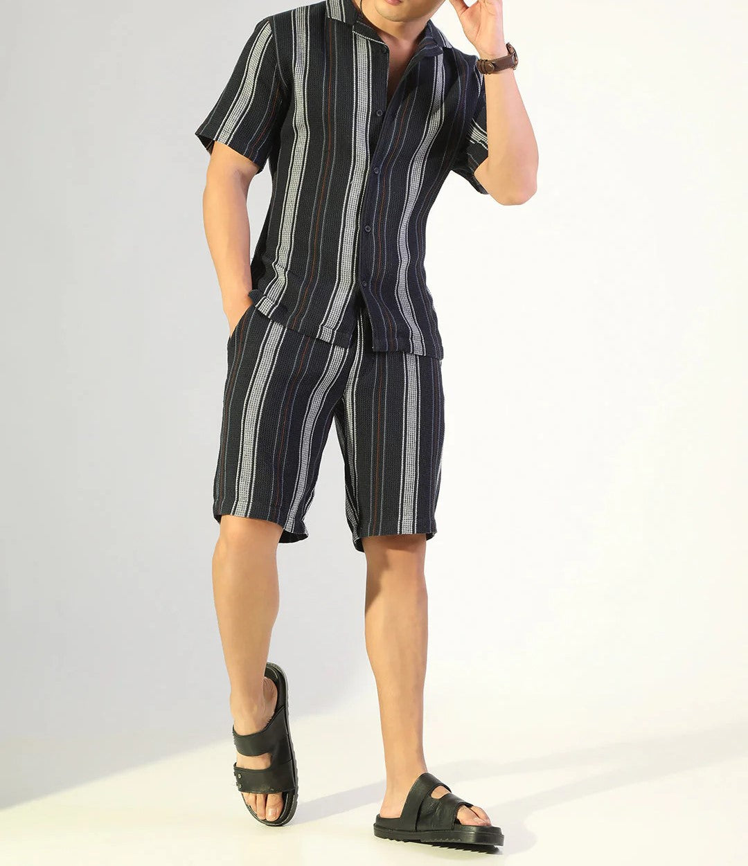 Men’s Navy Stripe Co-ord Set – Short Sleeve Shirt & Shorts