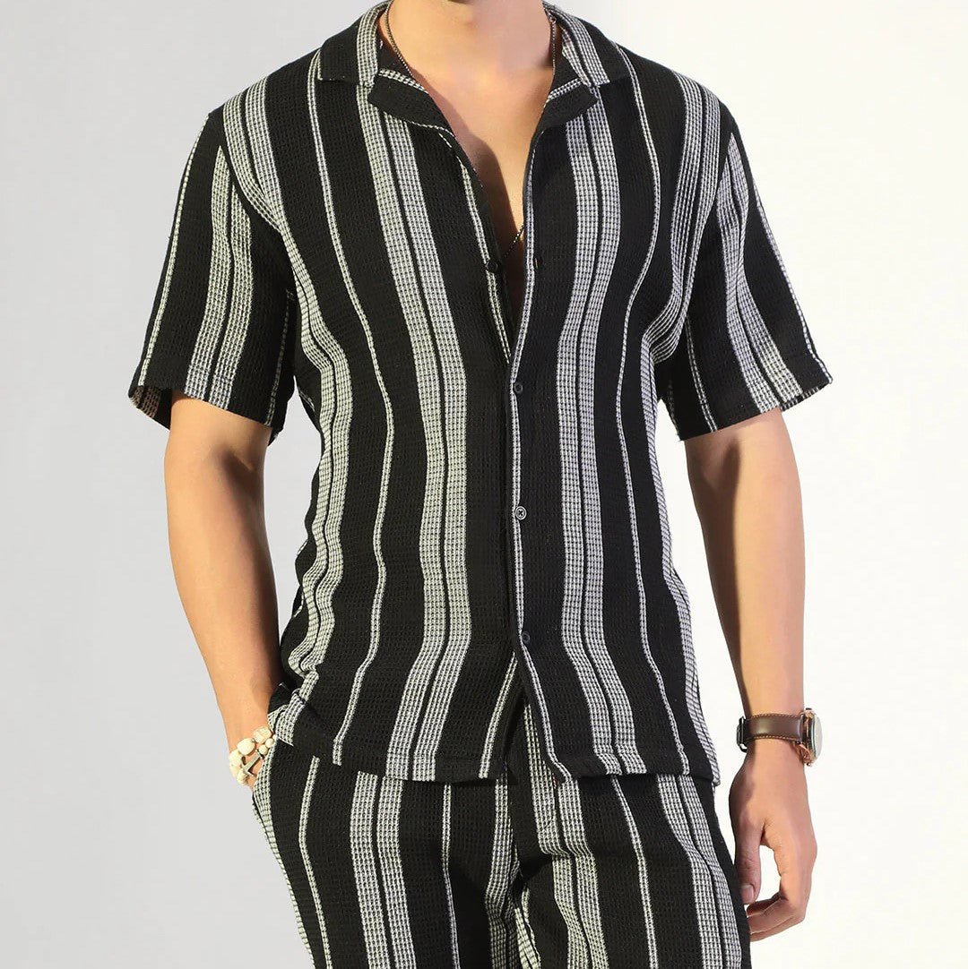 Men’s Vertical Stripe Co-ord Set – Short Sleeve Shirt & Shorts (Black/White)