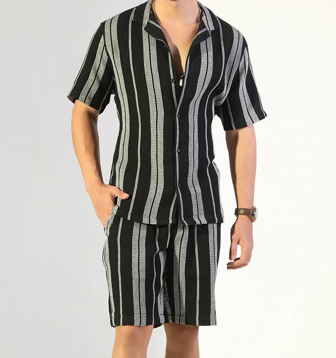 Men’s Vertical Stripe Co-ord Set – Short Sleeve Shirt & Shorts (Black/White)