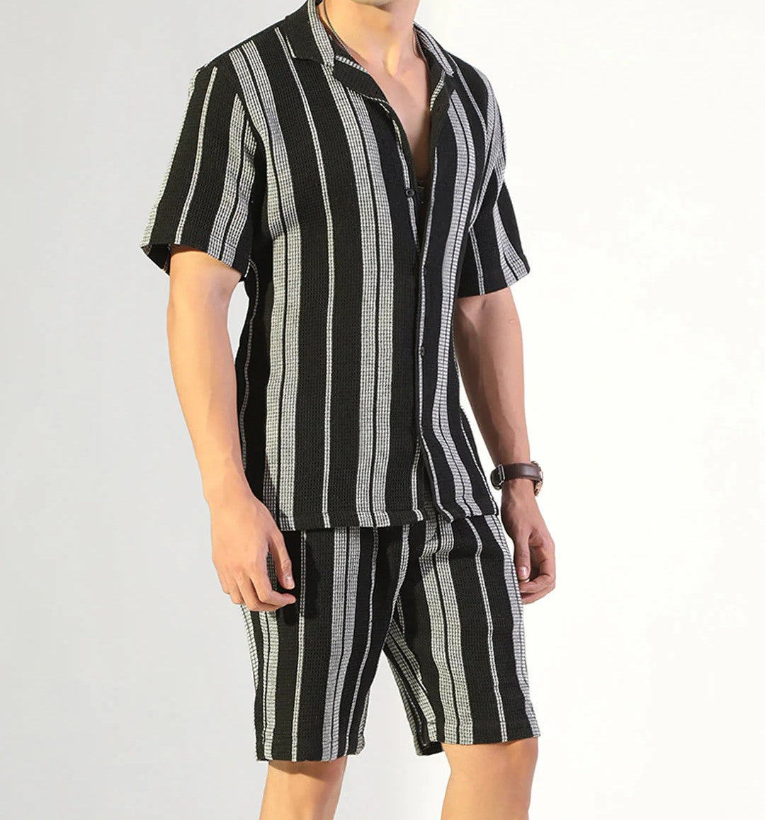 Men’s Vertical Stripe Co-ord Set – Short Sleeve Shirt & Shorts (Black/White)