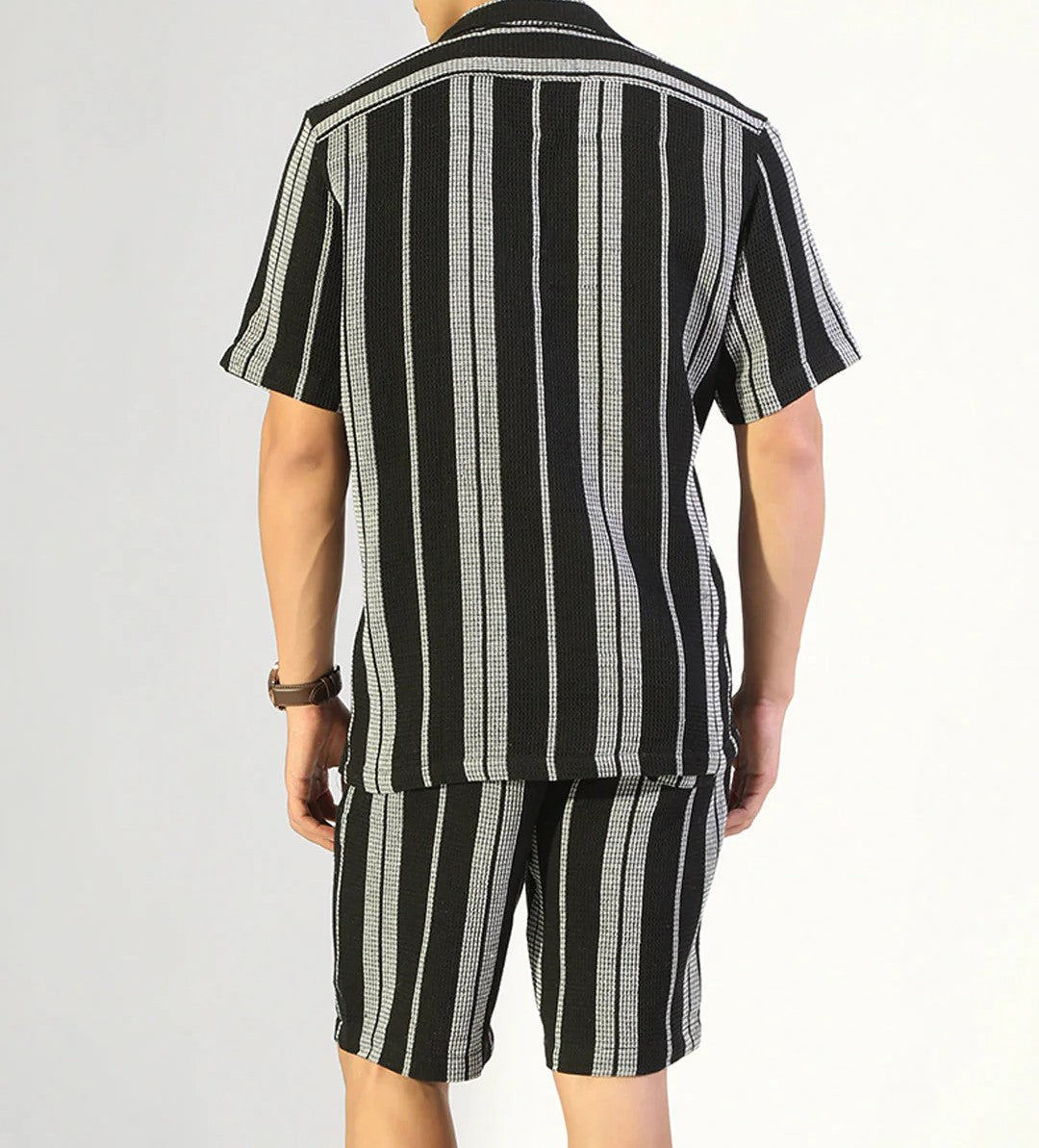 Men’s Vertical Stripe Co-ord Set – Short Sleeve Shirt & Shorts (Black/White)